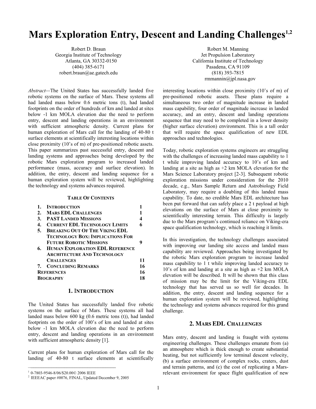 Mars Exploration Entry, Descent and Landing Challenges1,2