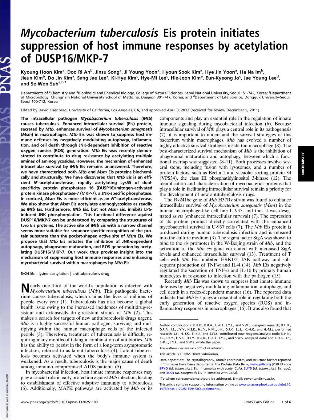 Mycobacterium Tuberculosis Eis Protein Initiates Suppression of Host Immune Responses by Acetylation of DUSP16/MKP-7