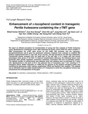 Enhancement of Α-Tocopherol Content in Transgenic Perilla Frutescens Containing the Γγγ-TMT Gene
