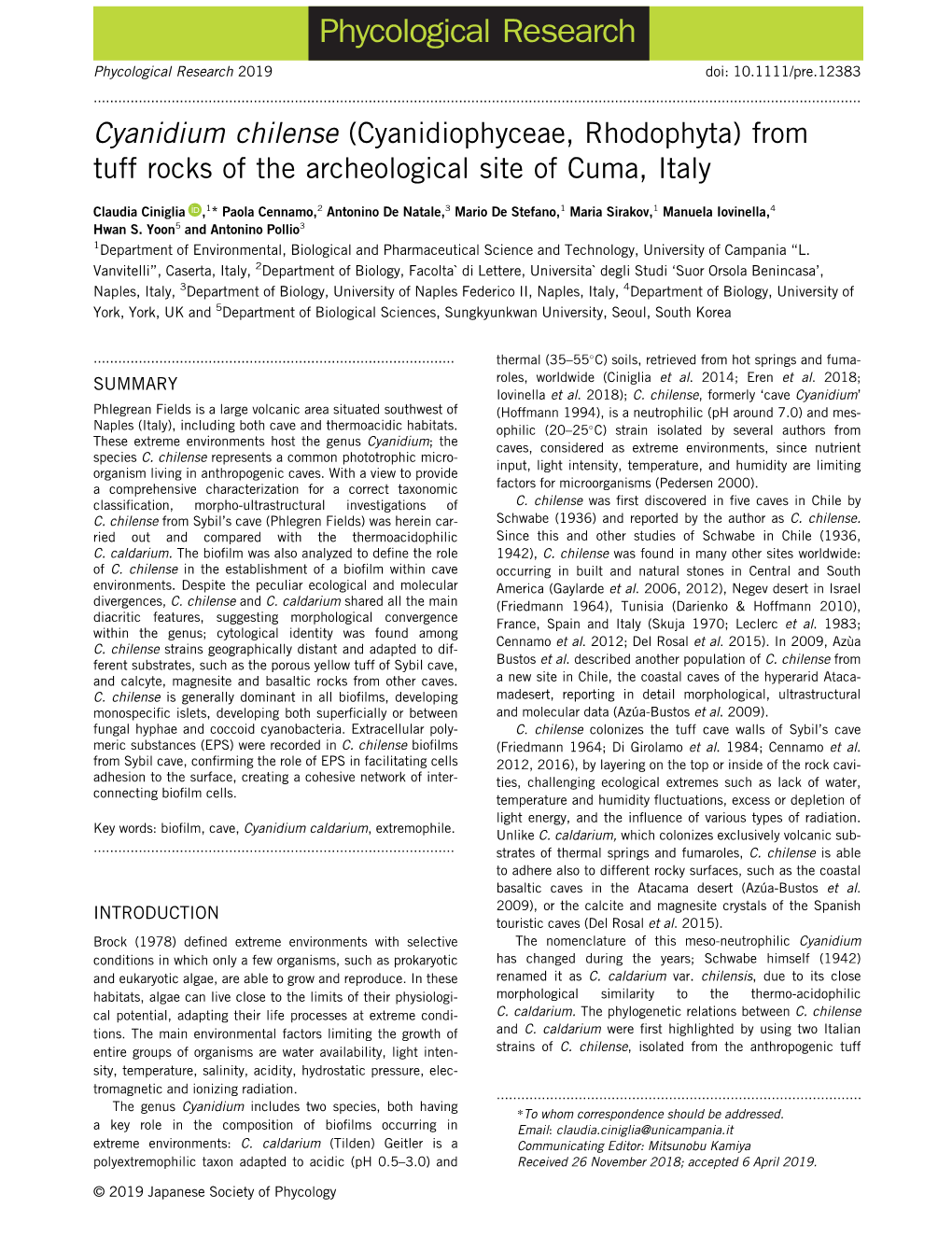 Cyanidium Chilense (Cyanidiophyceae, Rhodophyta) from Tuff Rocks of the Archeological Site of Cuma, Italy