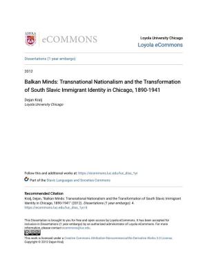 Balkan Minds: Transnational Nationalism and the Transformation of South Slavic Immigrant Identity in Chicago, 1890-1941
