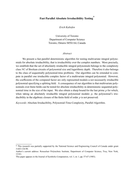 Fast Parallel Absolute Irreducibility Testing*