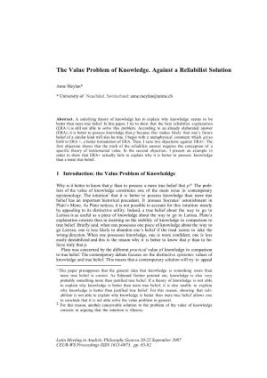 The Value Problem of Knowledge. Against a Reliabilist Solution