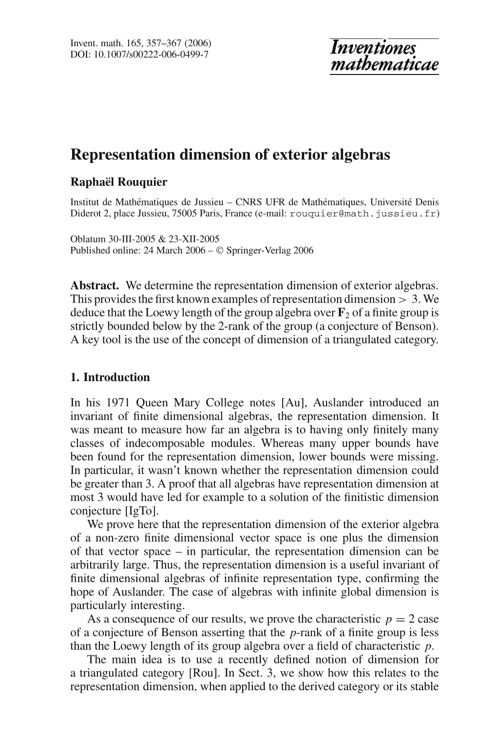 Representation Dimension of Exterior Algebras