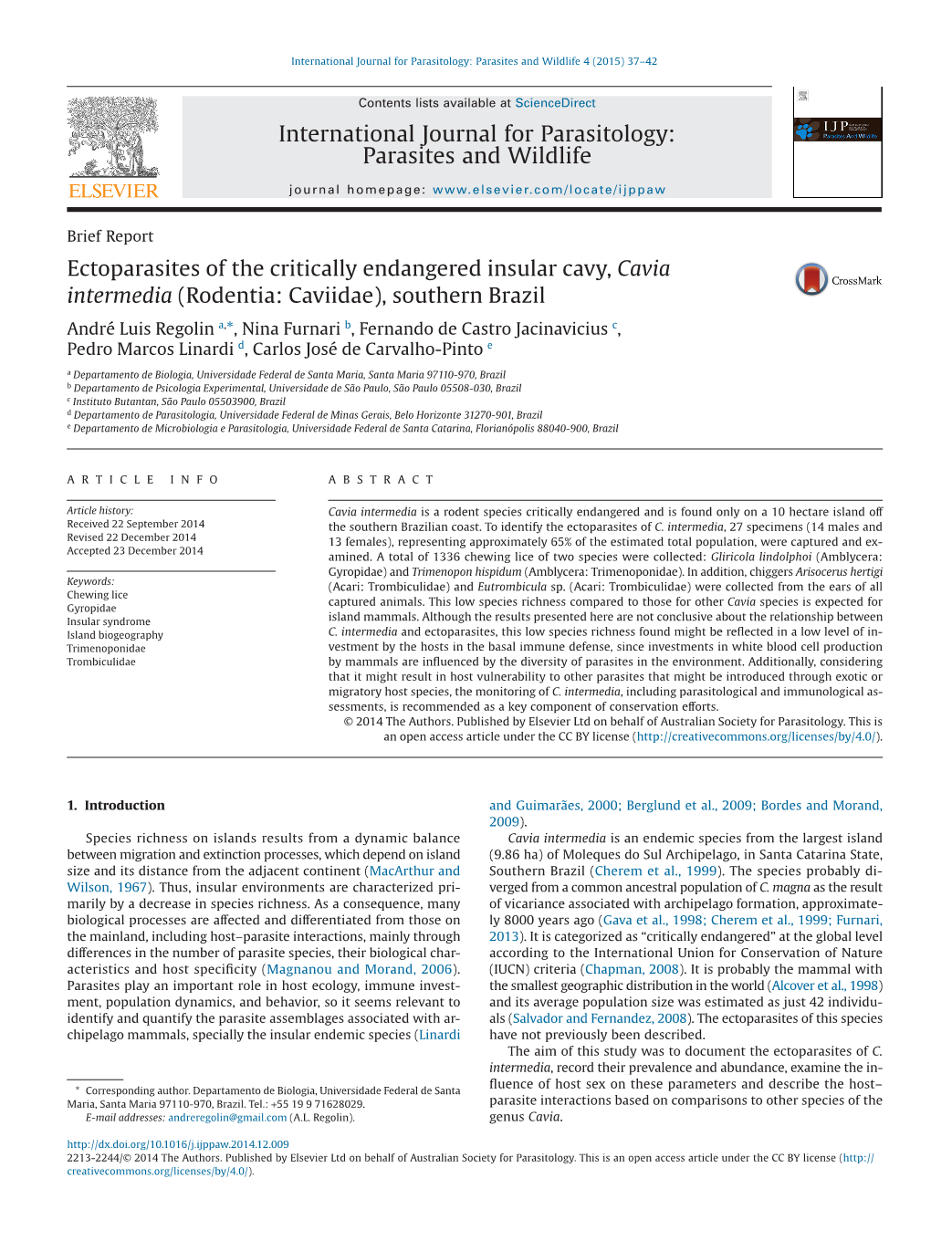 Ectoparasites of the Critically Endangered Insular Cavy, Cavia Intermedia