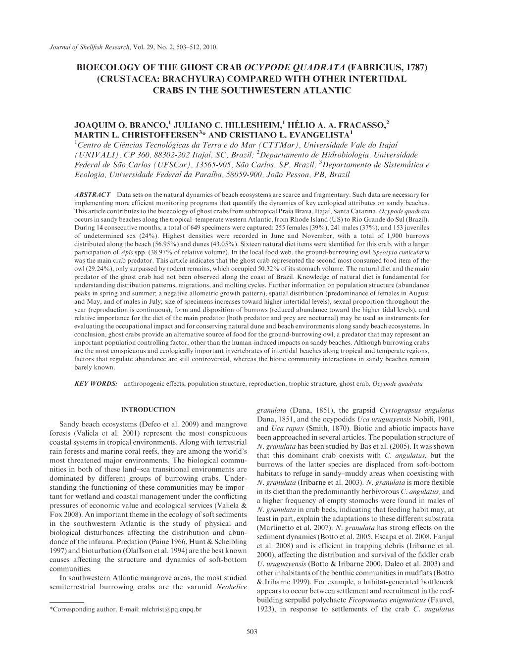 Bioecology of the Ghost Crab Ocypode Quadrata (Fabricius, 1787) (Crustacea: Brachyura) Compared with Other Intertidal Crabs in the Southwestern Atlantic