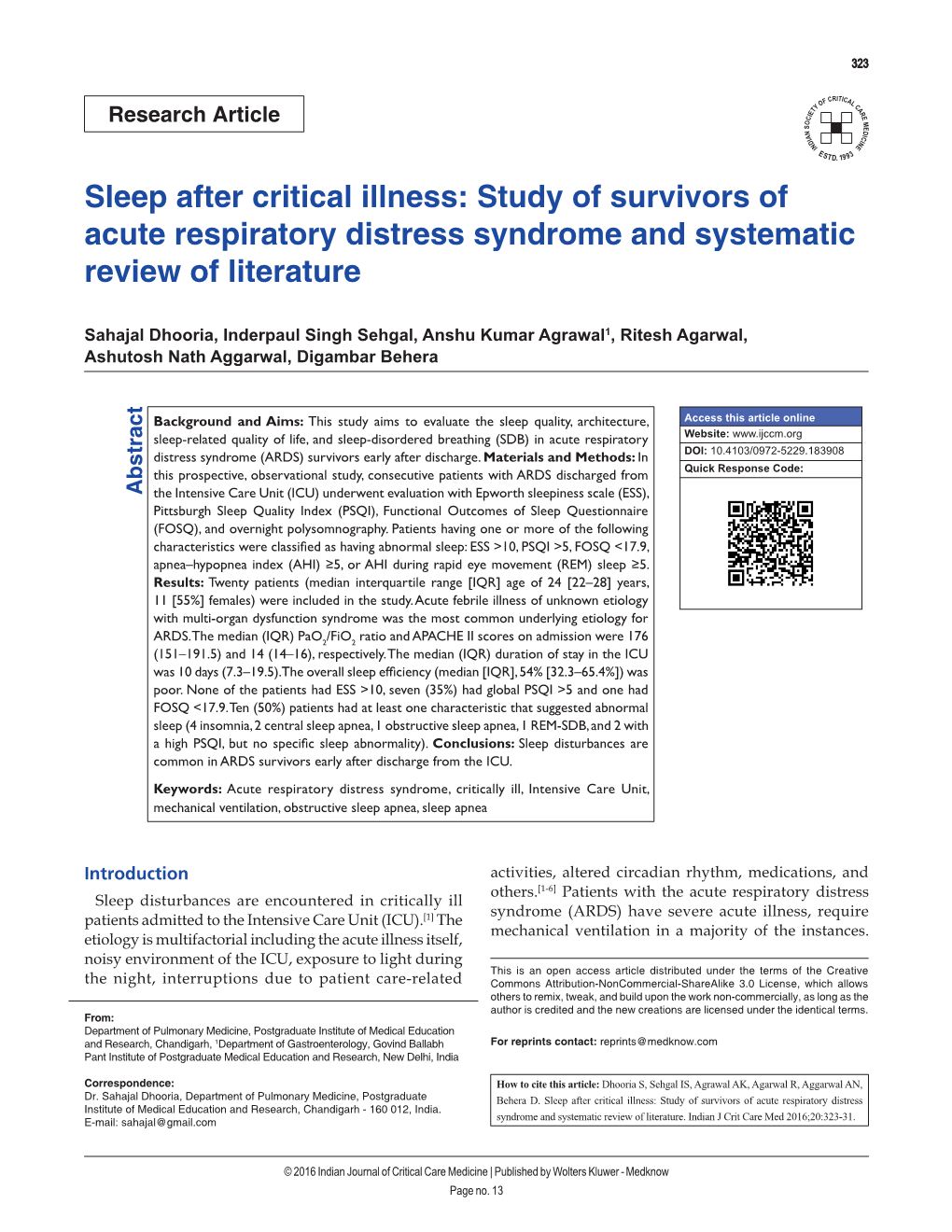 Study of Survivors of Acute Respiratory Distress Syndrome and Systematic Review of Literature