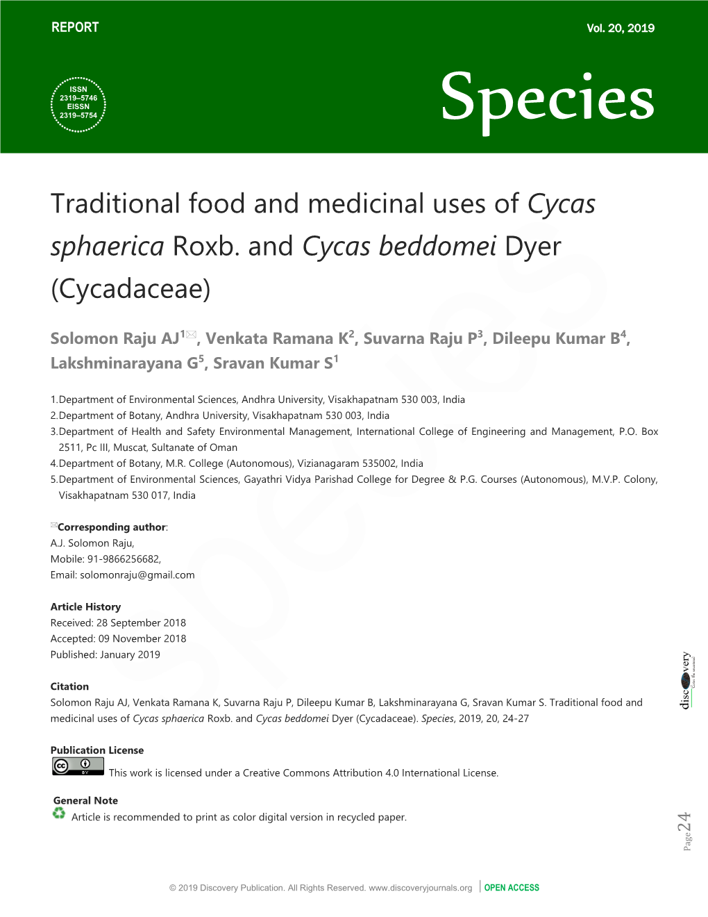 Traditional Food and Medicinal Uses of Cycas Sphaerica Roxb. and Cycas Beddomei Dyer (Cycadaceae)