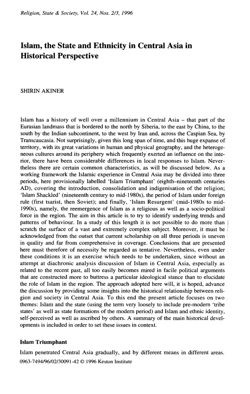 Islam, the State and Ethnicity in Central Asia in Historical Perspective