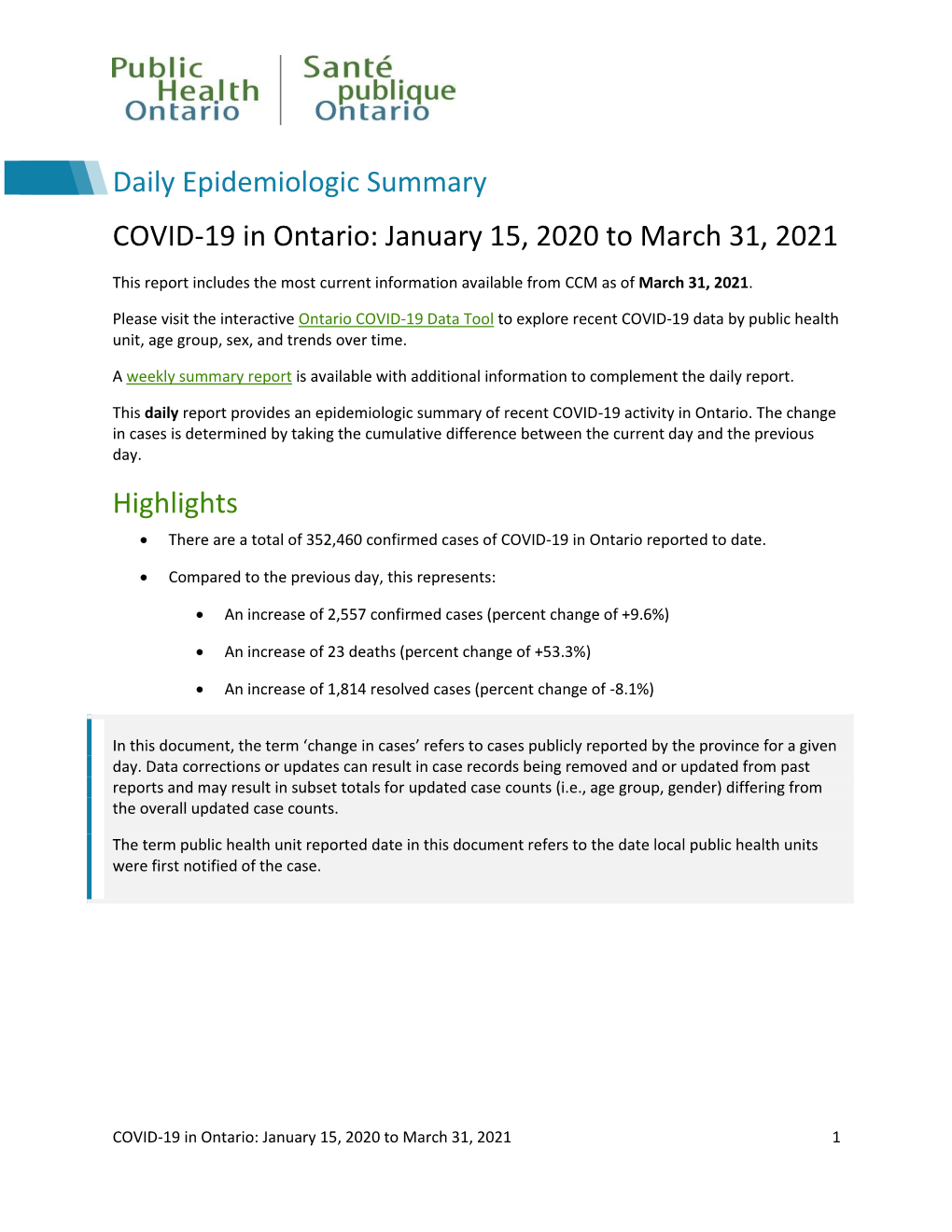 COVID-19 in Ontario: January 15, 2020 to March 31, 2021