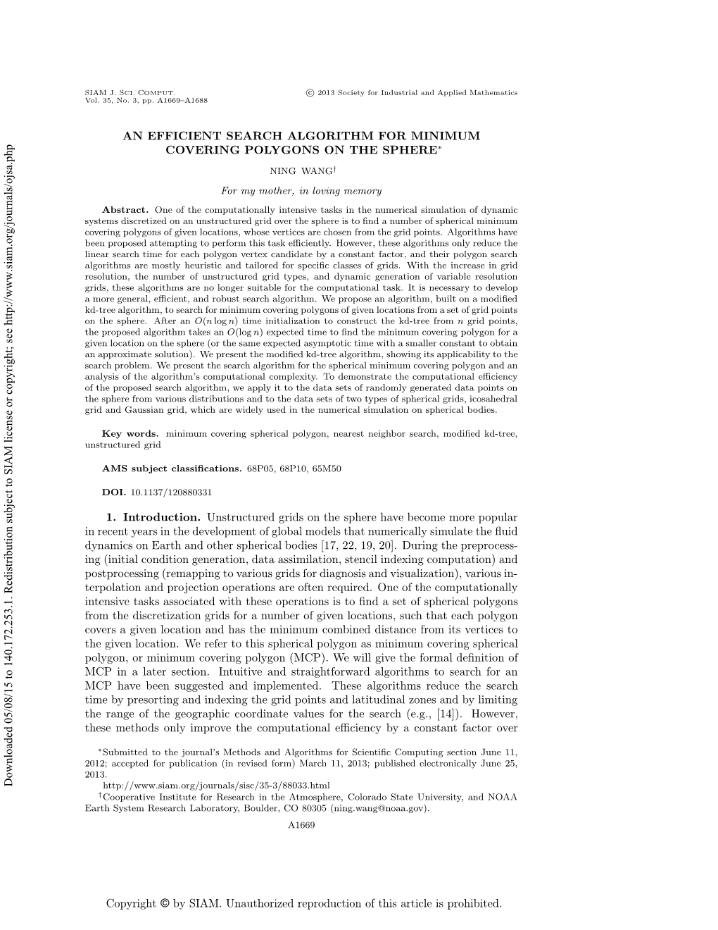 An Efficient Search Algorithm for Minimum Covering Polygons on the Sphere∗