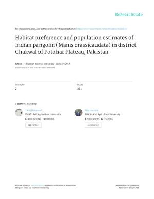 Habitat Preference and Population Estimates of Indian Pangolin (Manis Crassicaudata) in District Chakwal of Potohar Plateau, Pakistan