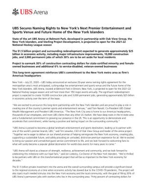 UBS Secures Naming Rights to New York's Next Premier Entertainment and Sports Venue and Future Home of the New York Islanders