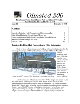 Olmsted 200 Bicentennial Notes About Olmsted Falls and Olmsted Township – First Farmed in 1814 and Settled in 1815 Issue 31 December 1, 2015