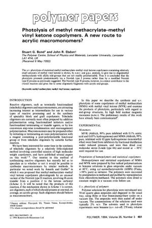 Photolysis of Methyl Methacrylate-Methyl Vinyl Ketone Copolymers. a New Route to Acrylic Macromonomers?