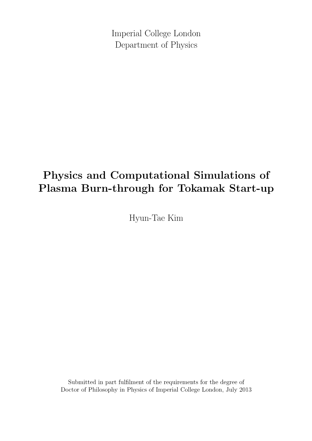 Physics and Computational Simulations of Plasma Burn-Through for Tokamak Start-Up