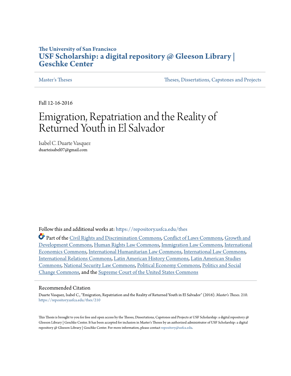 Emigration, Repatriation and the Reality of Returned Youth in El Salvador Isabel C