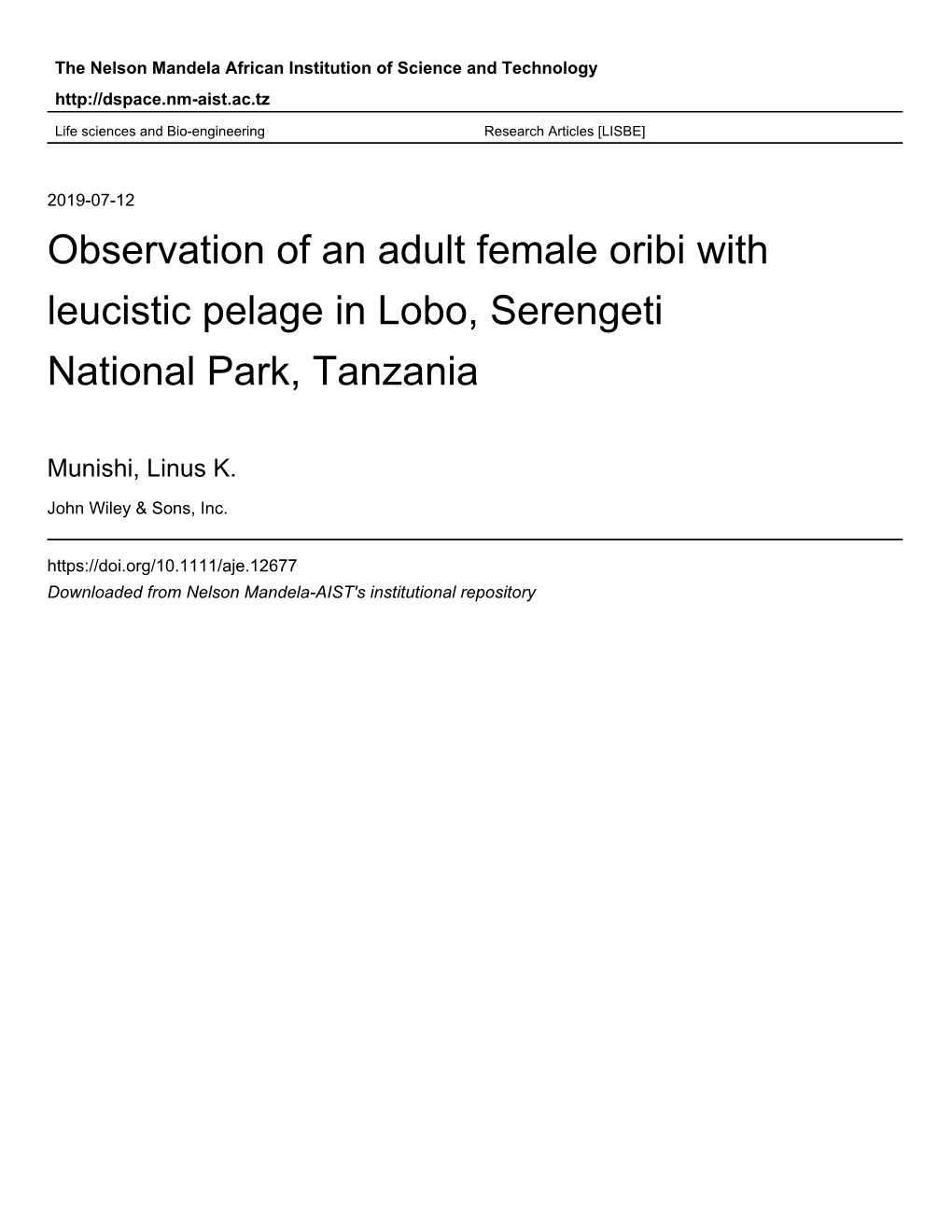 Observation of an Adult Female Oribi with Leucistic Pelage in Lobo, Serengeti National Park, Tanzania