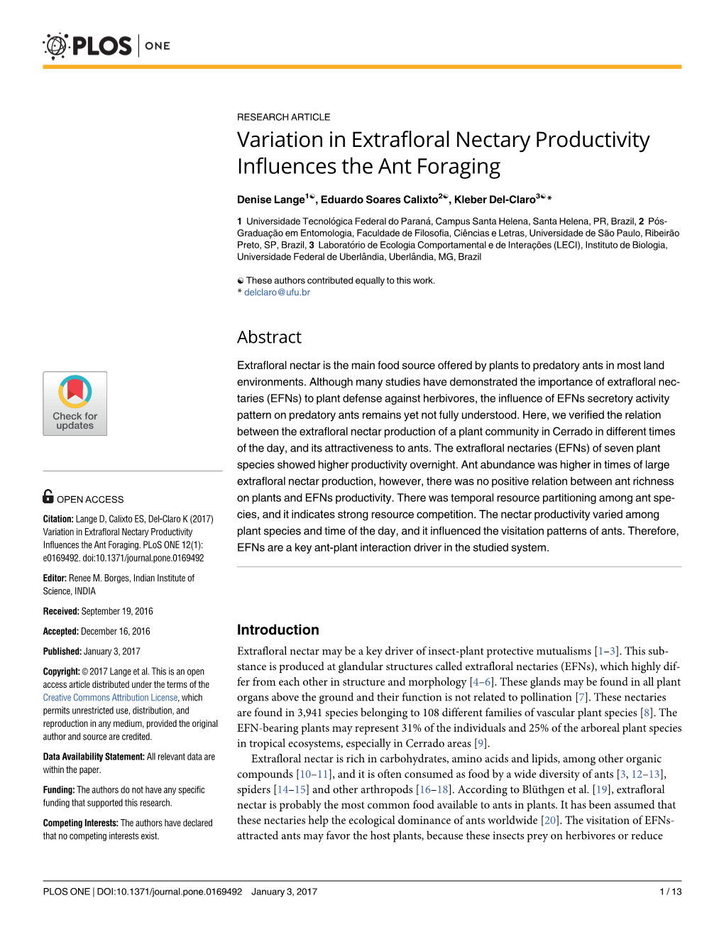 Variation in Extrafloral Nectary Productivity Influences the Ant Foraging