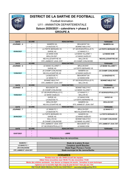 U11 DEP. CALENDRIER PHASE 2 – Gpe a – Juin 2021