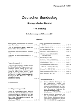 Auszug Plenarprotokoll 17/139 Zur Bundestagssitzung Vom 10.11.11