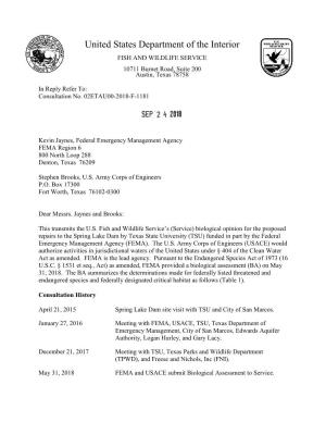 USFWS Biological Opinion for the Proposed Repairs to the Spring Lake