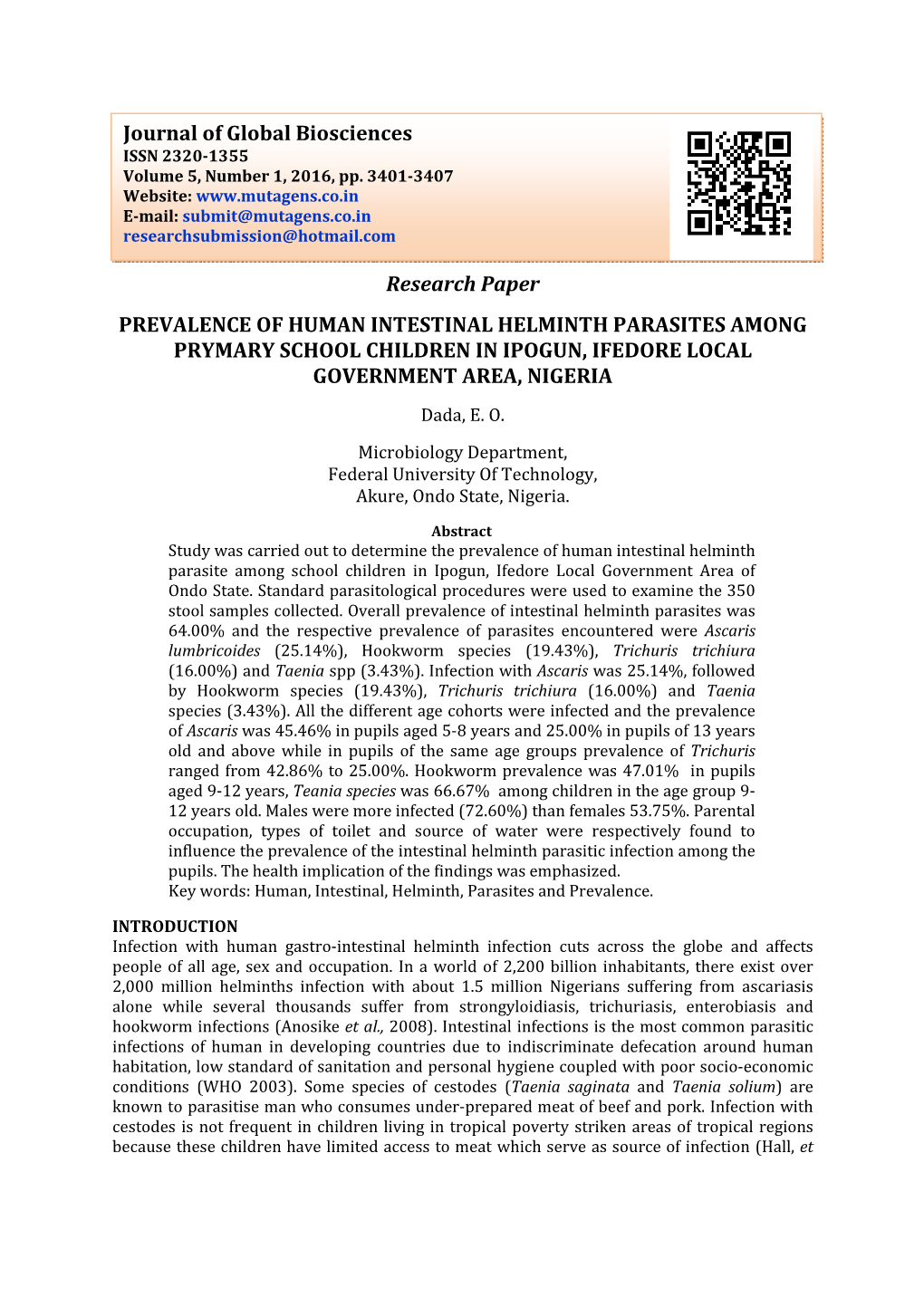 Research Paper PREVALENCE of HUMAN INTESTINAL HELMINTH PARASITES AMONG PRYMARY SCHOOL CHILDREN in IPOGUN, IFEDORE LOCAL GOVERNMENT AREA, NIGERIA