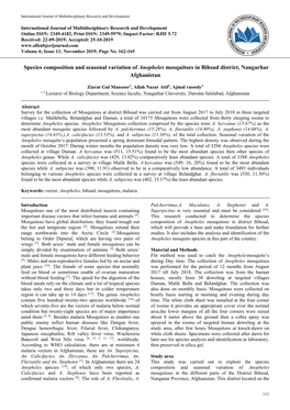 Species Composition and Seasonal Variation of Anopheles Mosquitoes in Bihsud District, Nangarhar Afghanistan