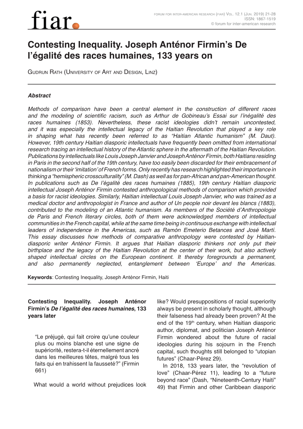 Contesting Inequality. Joseph Anténor Firmin's De L'égalité Des Races Humaines, 133 Years On