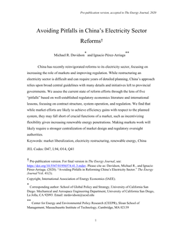 Avoiding Pitfalls in Reforming China's Electricity Sector