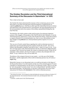 The October Revolution and the Third International: Summary of the Discussion in Stammheim1 in 1976