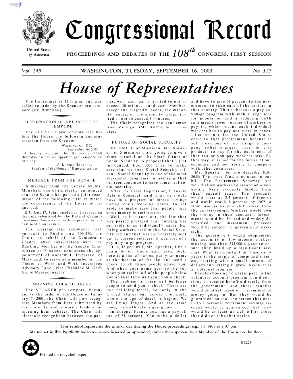 Congressional Record United States Th of America PROCEEDINGS and DEBATES of the 108 CONGRESS, FIRST SESSION