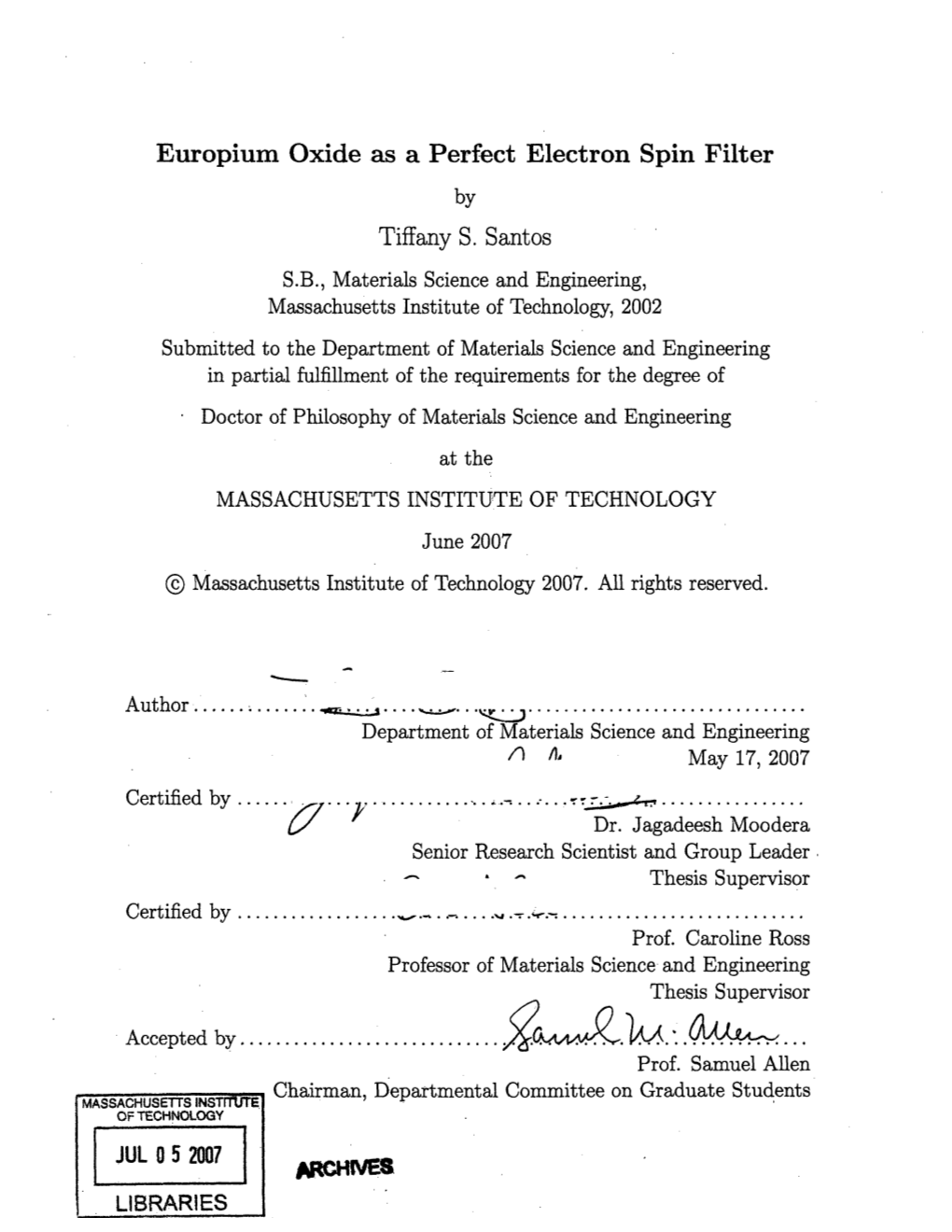 Europium Oxide As a Perfect Electron Spin Filter by Tiffany S