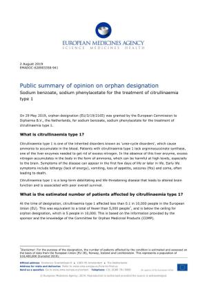 Public Summary of Opinion on Orphan Designation Sodium Benzoate, Sodium Phenylacetate for the Treatment of Citrullinaemia Type 1