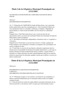 Título I Da Lei Orgânica Municipal Promulgada Em 12/12/2002