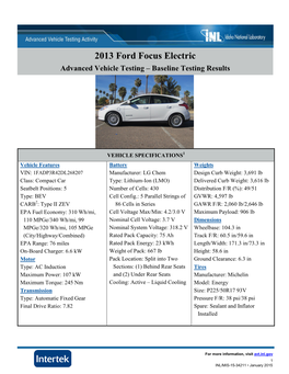 2013 Ford Focus Electric Advanced Vehicle Testing – Baseline Testing Results