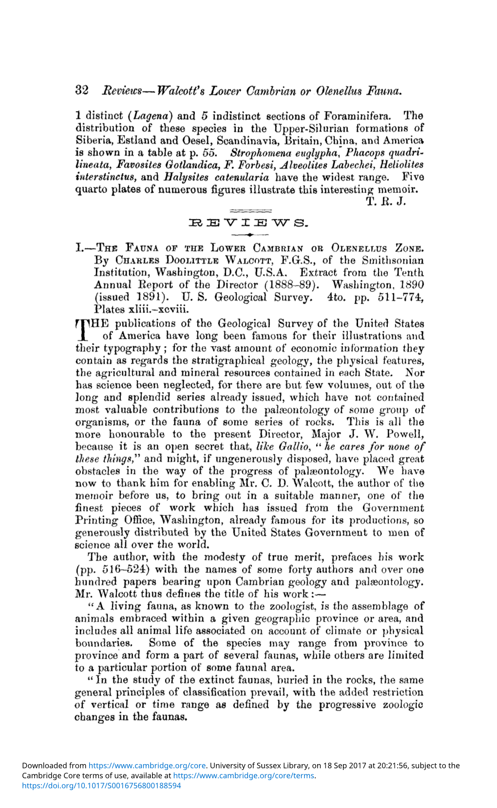 I.—THE FAUNA of the LOWER CAMBRIAN OR OLENELLUS ZONE. by CHARLES DOOLITTLE WALCOTT, F.G.S., of the Smithsonian Institution, Washington, D.C., U.S.A