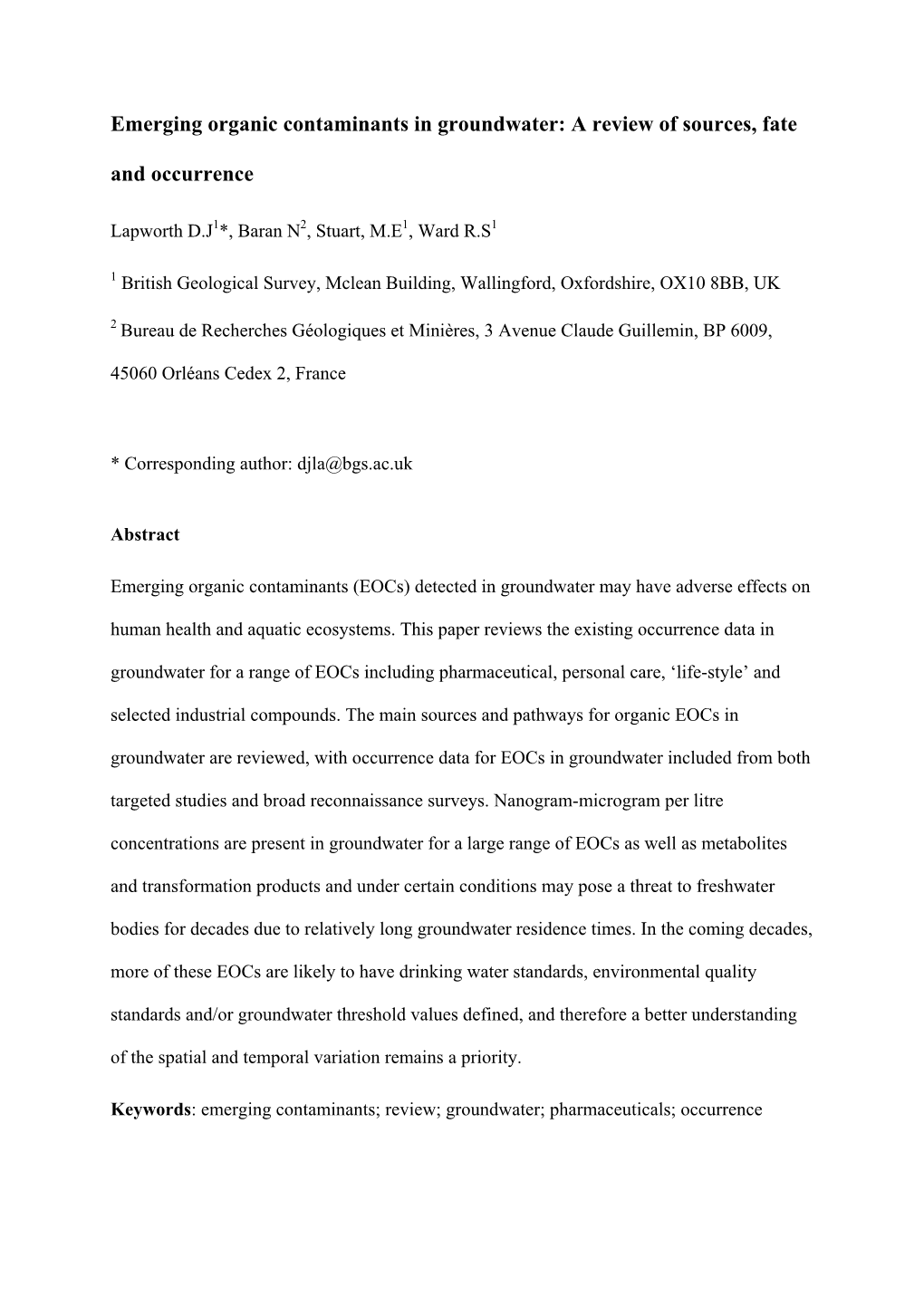 Emerging Organic Contaminants in Groundwater: a Review of Sources, Fate and Occurrence