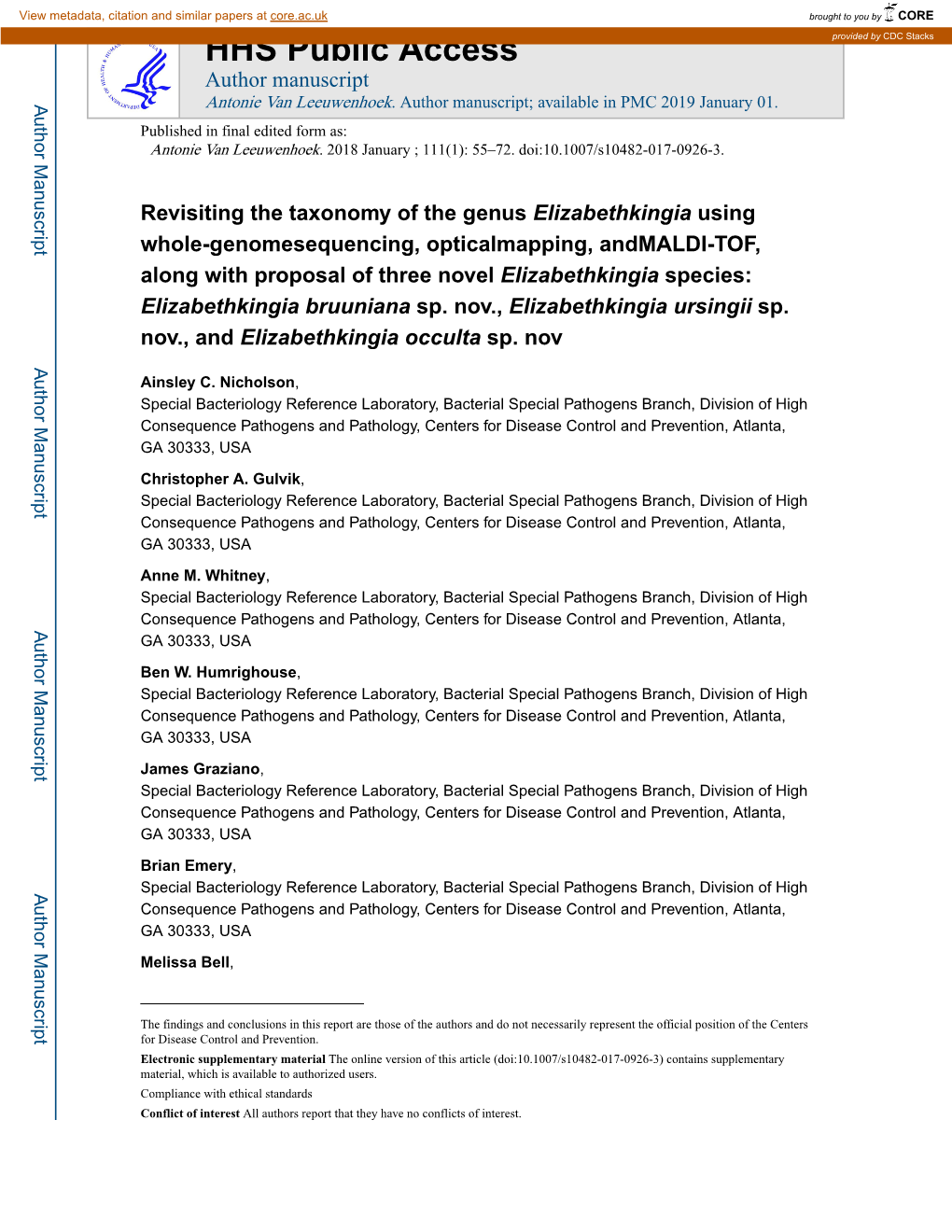 Revisiting the Taxonomy of the Genus Elizabethkingia Using Whole