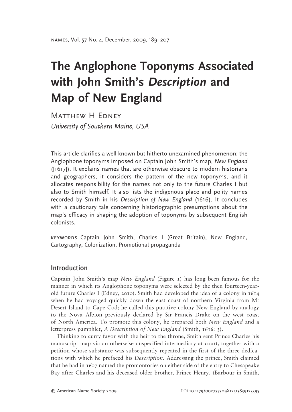 The Anglophone Toponyms Associated with John Smith's <I