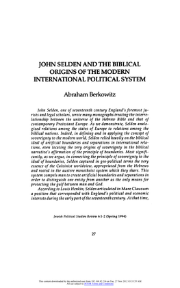 John Selden and the Biblical Origins of the Modern International Political System