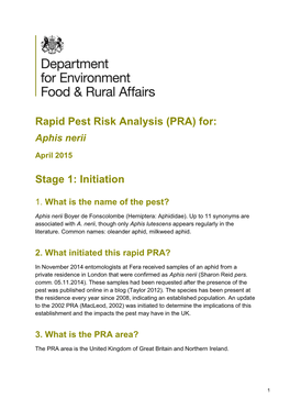 Rapid Pest Risk Analysis (PRA) For: Aphis Nerii
