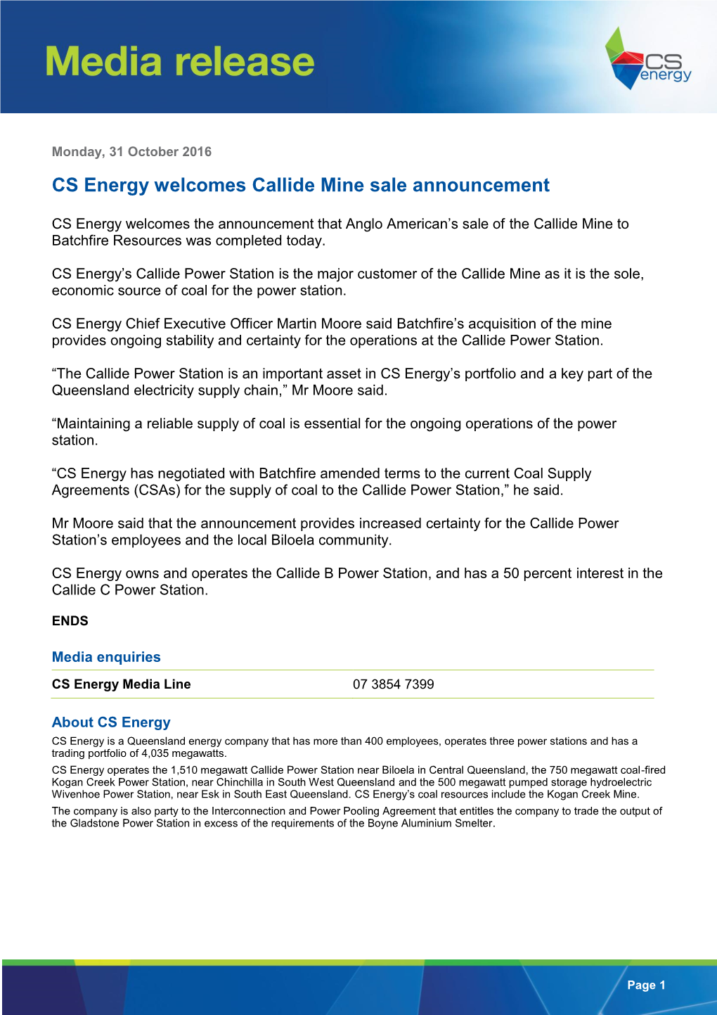 CS Energy Welcomes Callide Mine Sale Announcement