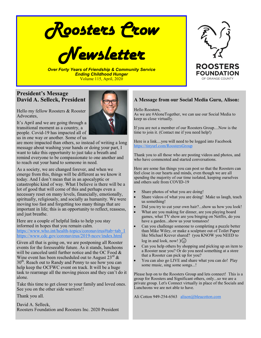 Roosters Crow Newsletter Over Forty Years of Friendship & Community Service Ending Childhood Hunger Volume 115, April, 2020