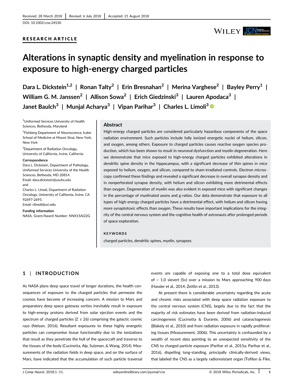 Alterations in Synaptic Density and Myelination in Response to Exposure to High-Energy Charged Particles