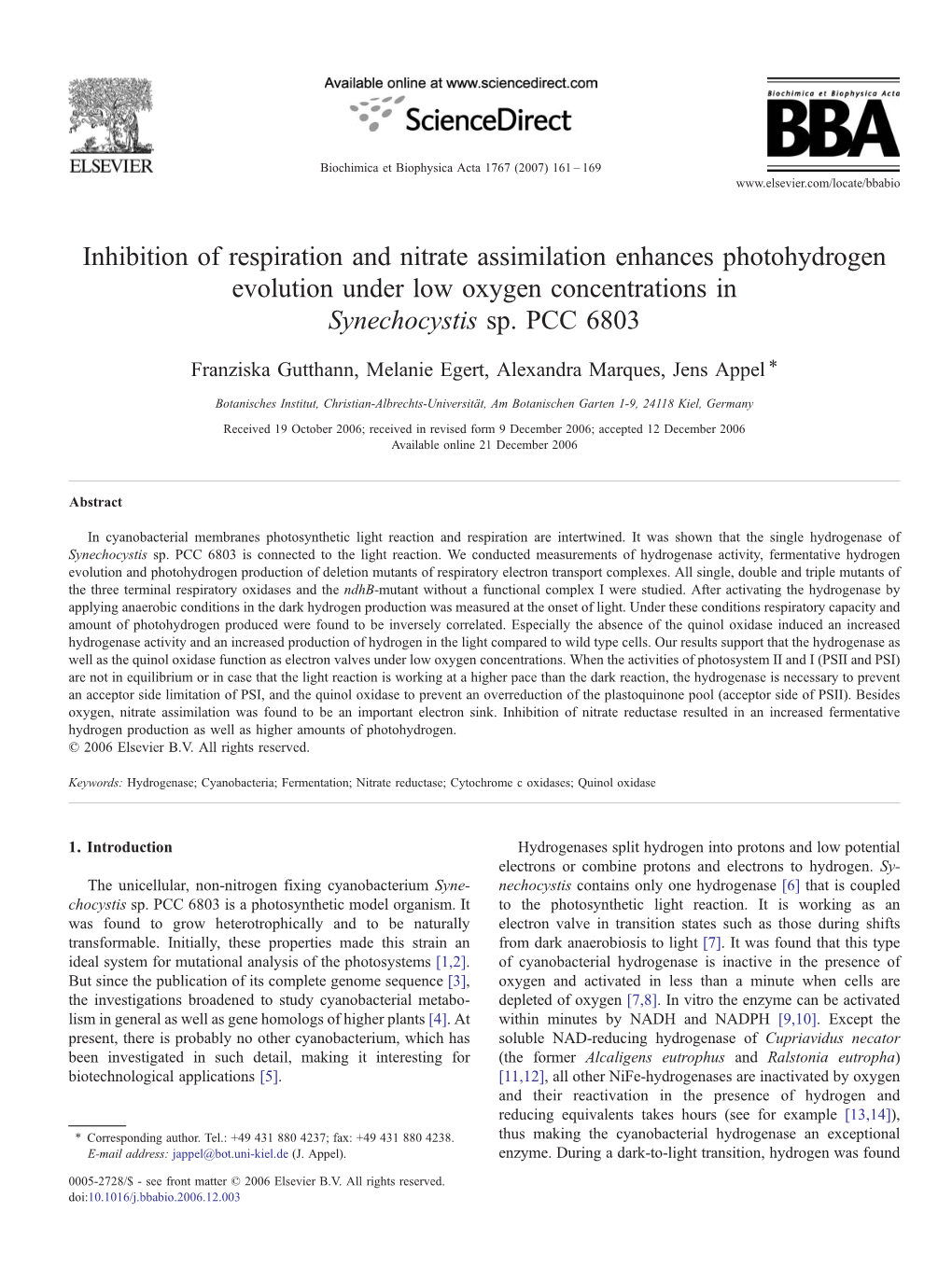 Inhibition of Respiration and Nitrate Assimilation Enhances Photohydrogen Evolution Under Low Oxygen Concentrations in Synechocystis Sp