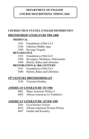 Spring 2020 Courses That Fulfill English Distribution British/Irish Literature Pre-18