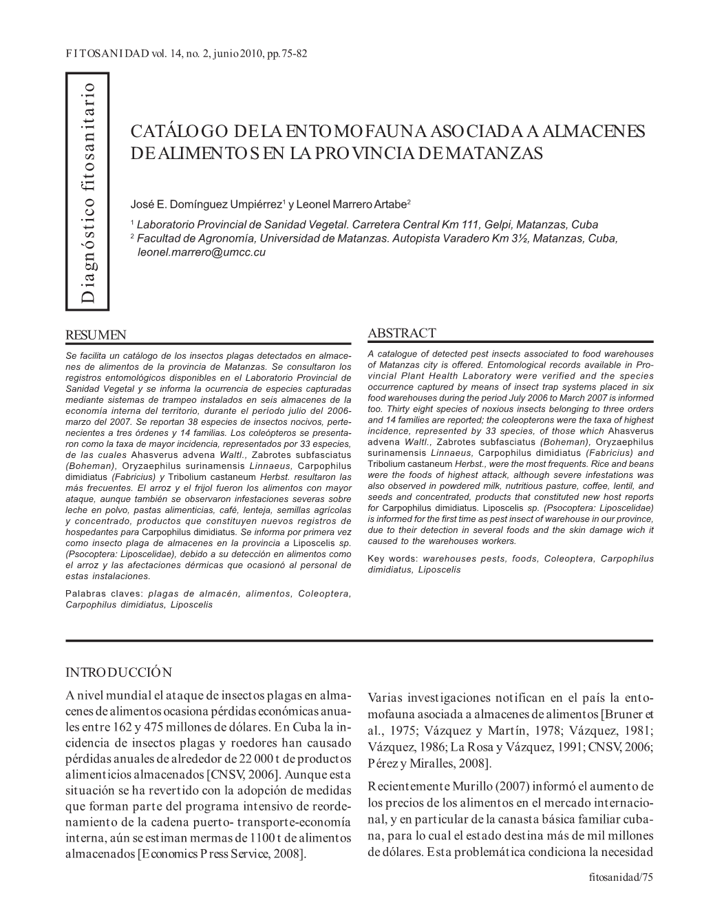 Catálogo De La Entomofauna Asociada a Almacenes De Alimentos En La Provincia De Matanzas