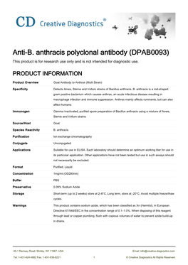 Anti-B. Anthracis Polyclonal Antibody (DPAB0093) This Product Is for Research Use Only and Is Not Intended for Diagnostic Use