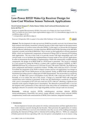 Low-Power RFED Wake-Up Receiver Design for Low-Cost Wireless Sensor Network Applications